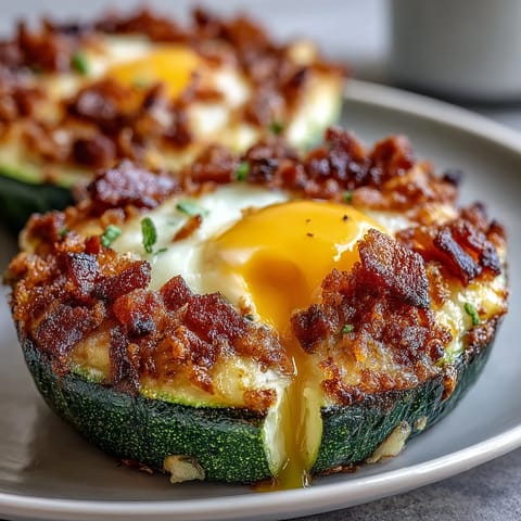 Wholesome low-carb breakfast featuring savory bacon crumbles nestled in zucchini cups with baked eggs.  