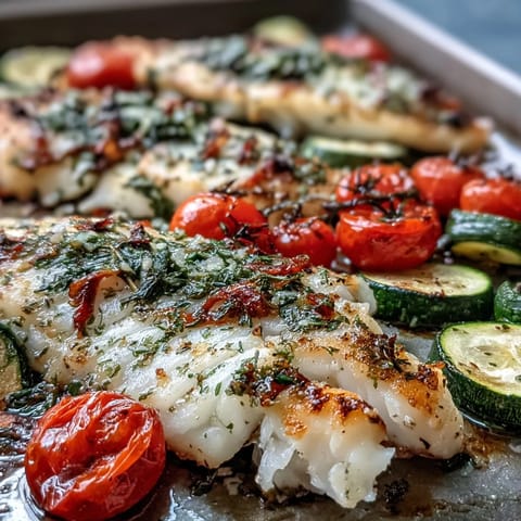 Sheet Pan Garlic Herb Tilapia with Zucchini and Cherry Tomatoes - A vibrant one-pan dinner of tender tilapia fillets roasted alongside zucchini and cherry tomatoes, all infused with garlic and fresh herbs.