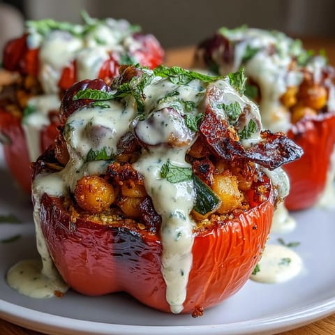 Vibrant vegan stuffed peppers filled with Mediterranean chickpea and quinoa, drizzled with creamy lemon tahini sauce. A colorful, healthy main dish for plant-based dinners.
