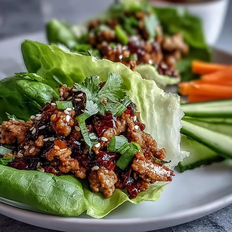 Fresh turkey lettuce wraps with tender ground turkey, crisp lettuce leaves, and vibrant veggie sticks for a nutritious, low-carb summer dish.  