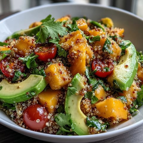 Tropical Mango Avocado Quinoa Salad with Lime Dressing served in a white bowl with colorful fresh ingredients.  
