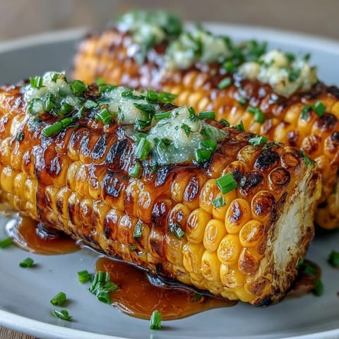 Buttery miso-glazed corn on the cob, charred on the grill and sprinkled with fresh chives.