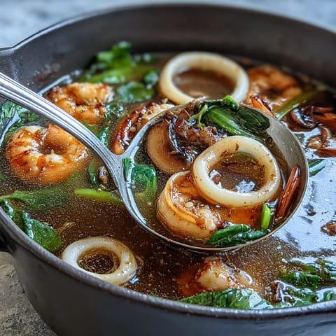 Vibrant Asian hot pot with fresh seafood and vegetables simmering in aromatic broth, perfect for sharing at the table.