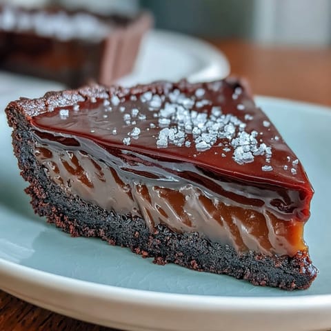 Decadent salted caramel chocolate tart with glossy ganache and flaky sea salt topping.  