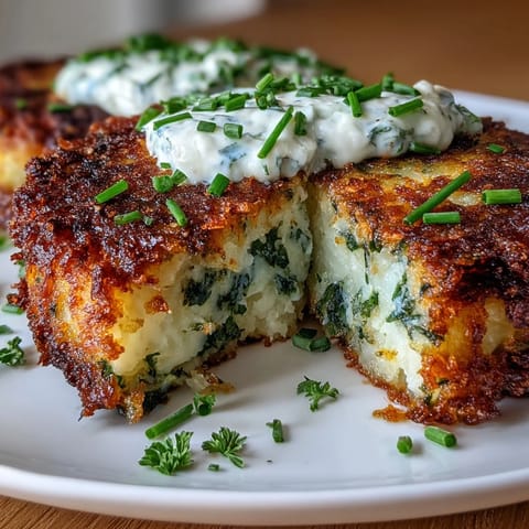 Golden smashed potato fritters sizzling in a hot skillet, crispy on the outside with fresh herbs and a hint of garlic.  