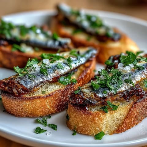 Crispy crostini topped with sardines, lemon zest, and fresh parsley for an elegant appetizer.  