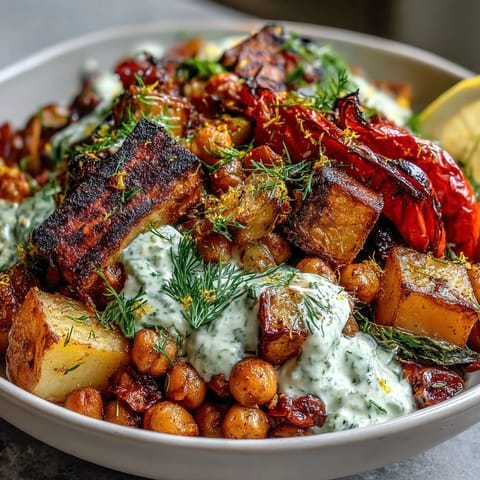 1. A colorful bowl of classic Mediterranean roasted vegetables and chickpeas served over creamy tzatziki sauce for a nourishing meal.  
