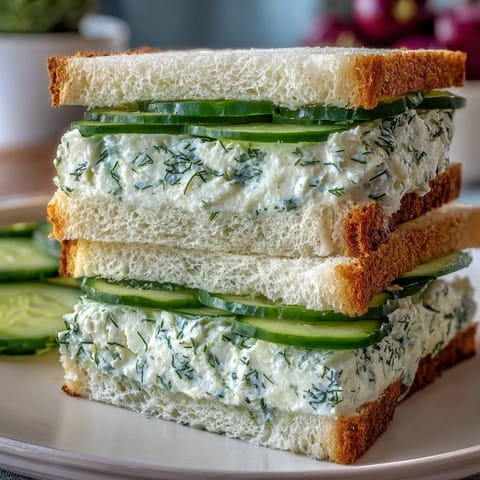 Delicate cucumber tea sandwiches filled with creamy herbed cream cheese, perfect for elegant afternoon tea or garden parties.