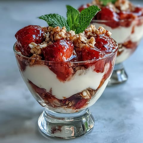 Mini strawberry yogurt parfaits in shot glasses, layered with fresh berries, creamy Greek yogurt, and crunchy granola for a delightful bite-sized treat.  