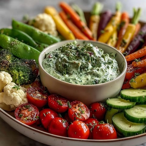 Vibrant Little Sprout Veggie Platter with creamy Green Goddess dip, perfect for healthy snacking or parties.  