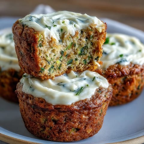 Wholesome muffins packed with fresh carrot and zucchini, topped with a delicate swirl of sweetened cream cheese.  