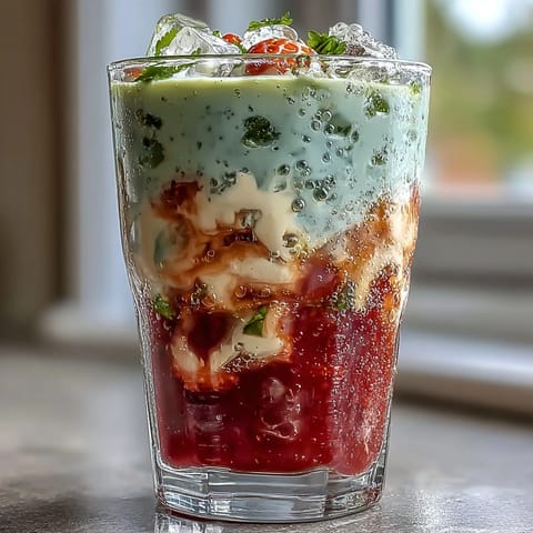 Iced Strawberry Matcha Latte with Vanilla Sweet Cream topped with fresh strawberry slices and served over ice in a clear glass, showcasing vibrant layers of pink, green, and cream.