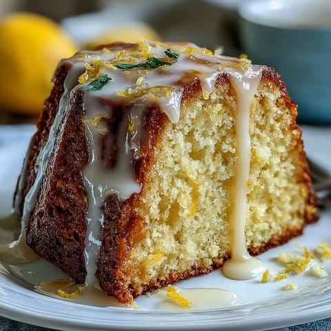 A golden Limoncello pound cake with a glossy lemon glaze, garnished with fresh lemon slices for a bright, citrusy dessert.