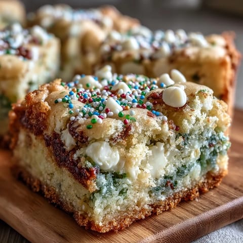 Colorful St. Patrick's Day rainbow cookie bars with white chocolate chips and festive sprinkles, perfect for holiday celebrations.