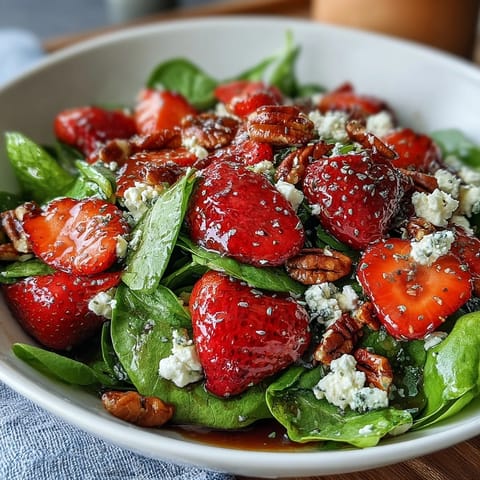 Fresh strawberry spinach salad with poppy seed dressing, featuring sweet berries, feta, and toasted pecans in a tangy homemade vinaigrette.