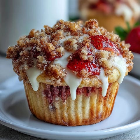 Homemade strawberry muffins with sweet crumble topping, perfect for breakfast or brunch.  