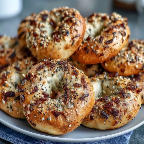 High-protein bagels with Greek yogurt and everything seasoning, soft and chewy, baked golden brown and ready for breakfast.