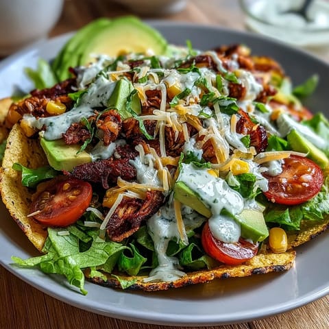 Healthy Easy Taco Salad Bowls with Greek Yogurt Ranch served in crispy whole wheat tortilla bowls, topped with seasoned turkey, fresh vegetables, and creamy dressing.