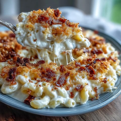 Soul food baked mac and cheese with a crunchy golden topping, bubbling and inviting from the oven.  