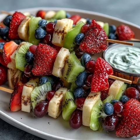Fun Kid Lunch Bento Box with Fruit Skewers and Dip: colorful fruit skewers, creamy yogurt dip, and playful sandwich bites in a vibrant lunchbox.
