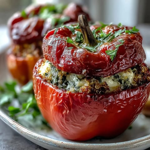 Stuffed bell peppers with quinoa and herbs, filled with fresh vegetables and baked until tender, offering a colorful vegetarian dinner.