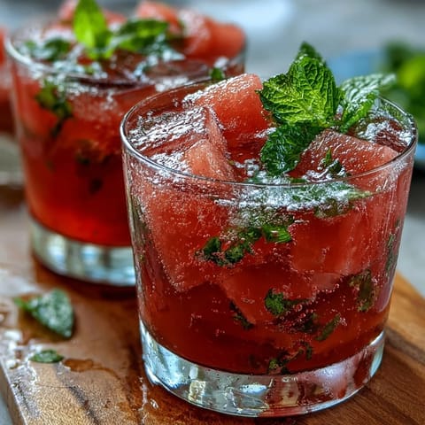 Refreshing watermelon mint vodka spritz mocktail with vibrant mint leaves and citrus slices, served over ice in tall glasses.