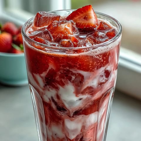 Vibrant dragon fruit and coconut milk refresher with freeze-dried pitaya and fresh strawberries blended until smooth.