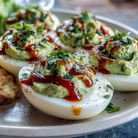 Creamy avocado deviled eggs topped with spicy Sriracha drizzle for a fresh twist on a classic appetizer.