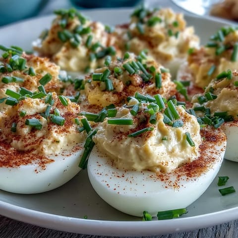 Classic Deviled Eggs with Paprika and Chives: A platter of elegant deviled eggs topped with vibrant paprika and chopped chives, perfect for parties.