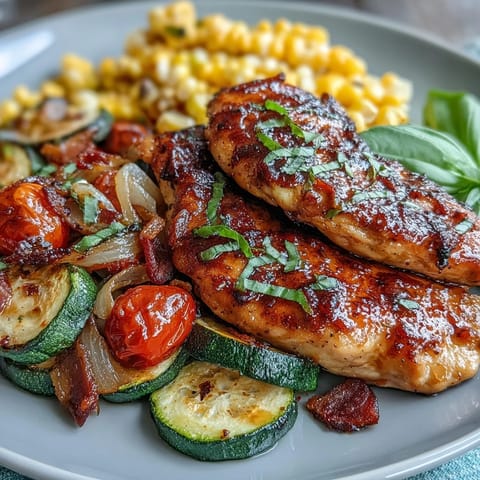 Roasted sheet pan chicken with zucchini and corn, golden and juicy, surrounded by colorful vegetables and fresh herbs.