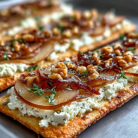 Golden-brown Goat Cheese & Pear Flatbread with Hot Honey fresh from the oven, topped with caramelized onions and fresh thyme.