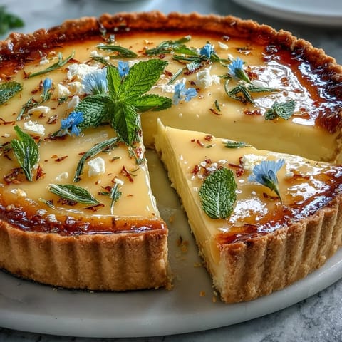 Lemon Curd Spring Tart with edible flowers on a golden pastry crust.