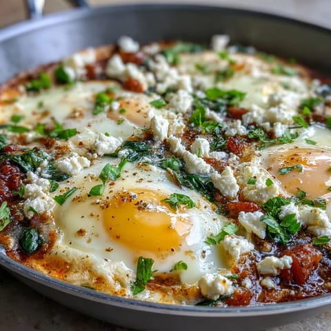 Spinach and Feta Shakshuka with poached eggs in a spiced tomato sauce, topped with creamy feta and fresh herbs.  