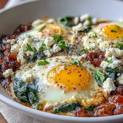 A hearty vegetarian shakshuka featuring vibrant spinach, aromatic spices, and runny eggs, served with crusty bread for dipping.  