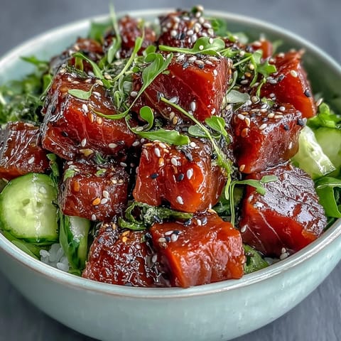 Fresh spring tuna poke bowl with tender marinated tuna, crisp radish, and cool cucumber, served over seasoned sushi rice and topped with avocado and ponzu sauce.