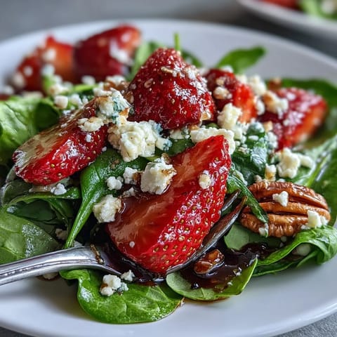 A vibrant strawberry spinach spring salad with fresh berries, creamy goat cheese, and toasted nuts in balsamic vinaigrette.