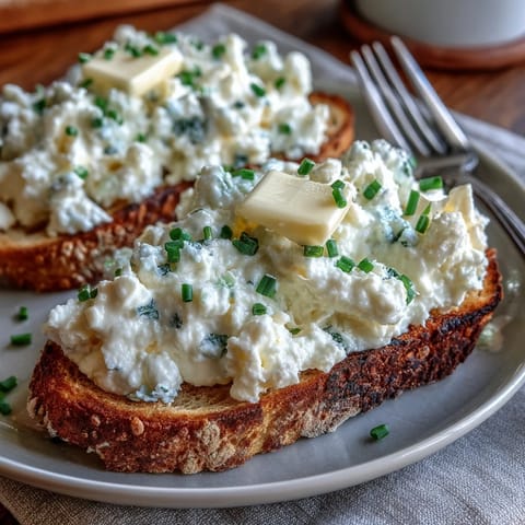 Fluffy scrambled eggs with creamy cottage cheese, a high-protein breakfast delight.  