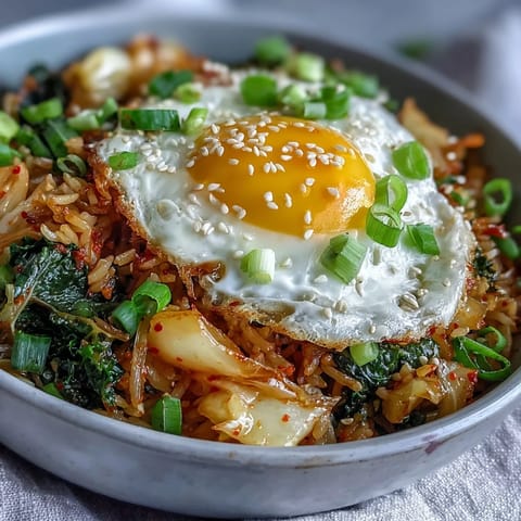 Kimchi cabbage fried rice with vibrant vegetables and a fried egg on top, served in a bowl with sesame seeds and green onions.  