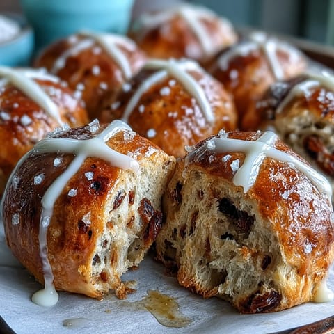 Soft, golden homemade hot cross buns filled with plump raisins and warm spices, perfect for Easter brunch or afternoon tea.