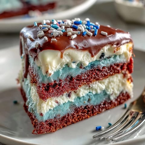 Moist Patriotic Poke Cake layered with bright gelatin and rich white chocolate ganache.