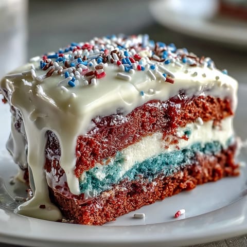 Vibrant Patriotic Poke Cake bursting with flavor, topped with creamy white chocolate ganache.