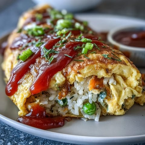 Creamy Japanese Omurice with ketchup rice and perfectly drizzled sauce.