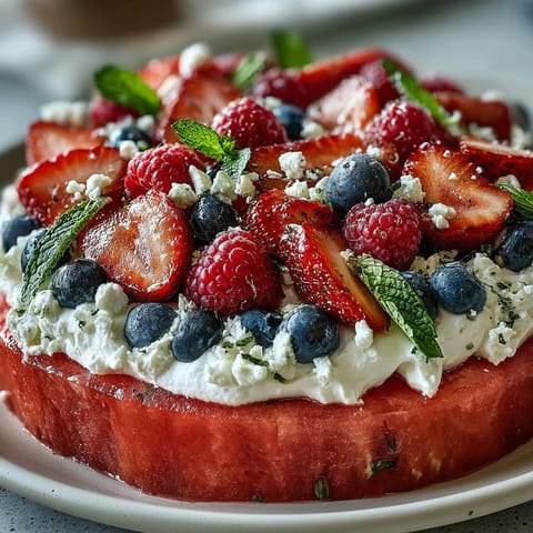 Festive 4th of July Watermelon Pizza adorned with fresh berries and creamy frosting.