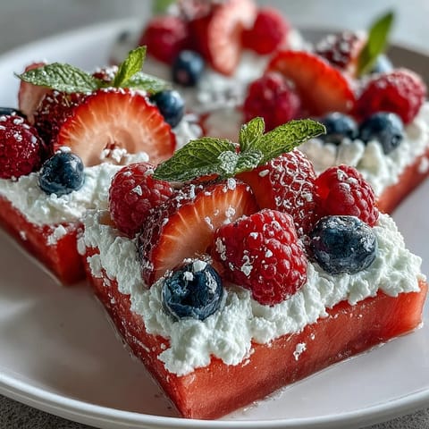 Bright summer dessert, this watermelon pizza is bursting with berries and sweet cream.