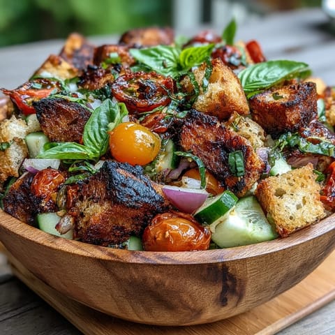 Bright Summer Panzanella salad with char-kissed bread, crisp cucumber, and tangy vinaigrette.
