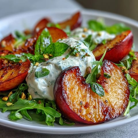 Close-up of grilled peach and burrata salad with toasted pistachios, a dreamy summer dish.
