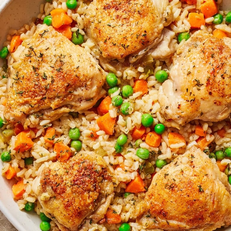 Easy One-Pot Chicken and Rice, a comforting family dinner simmering with broth and veggies.
