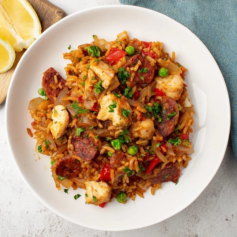Vibrant image of Chicken and Chorizo Rice Skillet, garnished with parsley and bright lemon wedges, ready to eat.