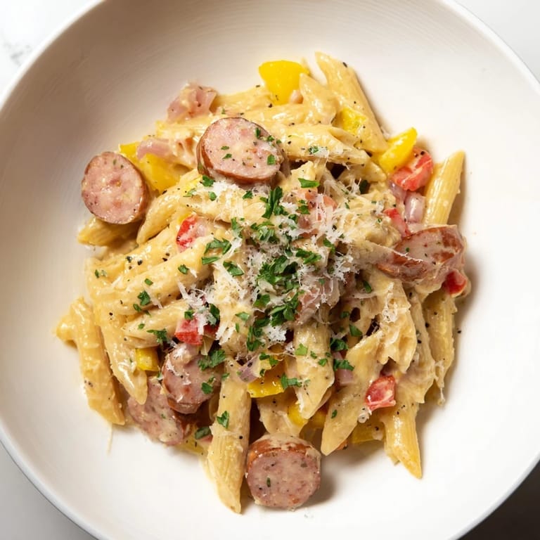 A skillet of Smoked Sausage Cajun Alfredo with penne, sausage visible amongst the creamy sauce.