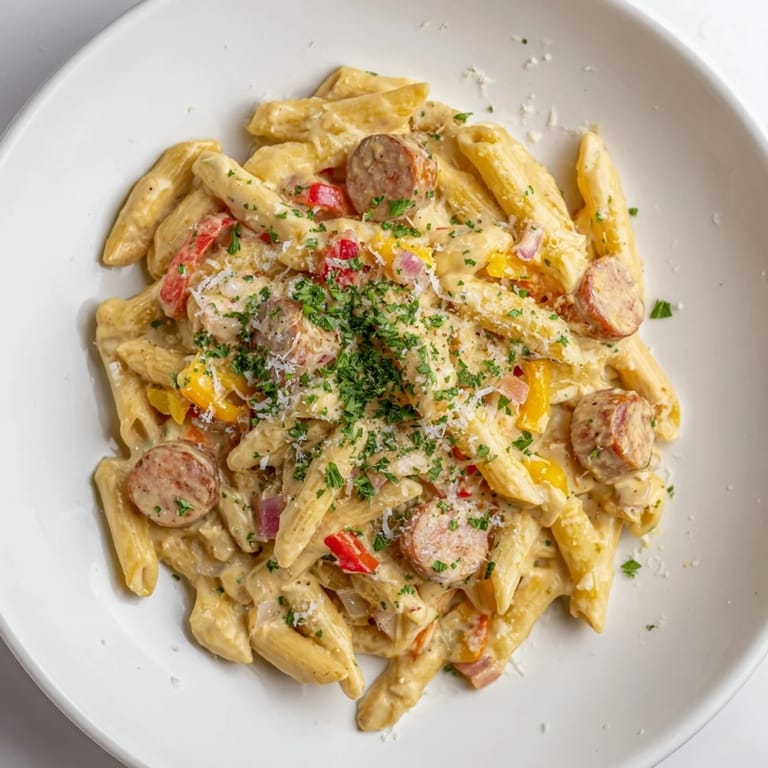 Close-up of a bowl filled with flavorful Smoked Sausage Cajun Alfredo with penne.